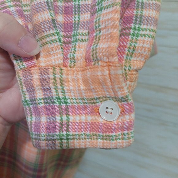 NY & Co Womens Plaid Button-Down Shirt Large 100% Cotton Peach/Pink/Green - Picture 9 of 12